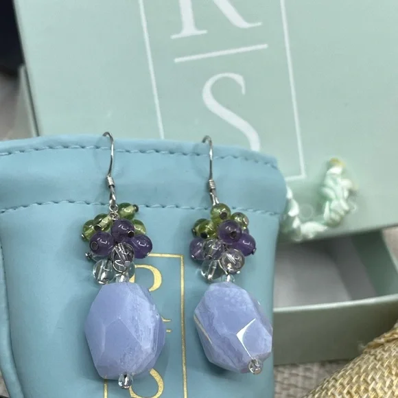 Ross-Simons Blue Agate Amethyst Peridot Quartz Cluster Dangle Earrings 11.6g - Picture 7 of 15